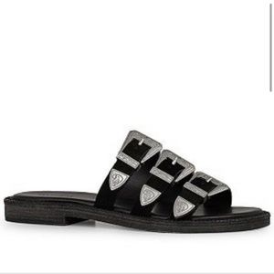 All Saints black leather western style buckle sandals size 38